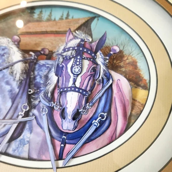 Vintage Gerlach Art Horses 3D Paper Tole in Rustic Wooden Glass Frame - Picture 5 of 14